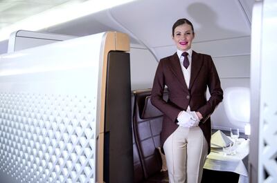 Abu Dhabi, United Arab Emirates, October 29, 2019.  
Profile of  Barbara Szep, flying butler who serves the rich and famous.  Shot at the mock-up The Residence, Etihad's flying suite at Etihad Innovation Centre.
Victor Besa/The National
Section:  WK
Reporter:  Melanie Swan