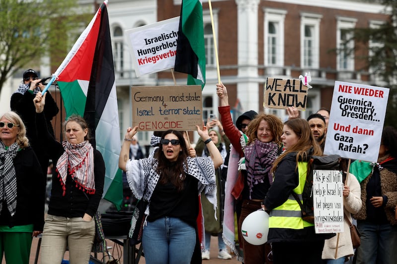 Protesters hold a rally in The Hague, where Nicaragua has called on the International Court of Justice to order Germany to halt its arms sales to Israel. Reuters