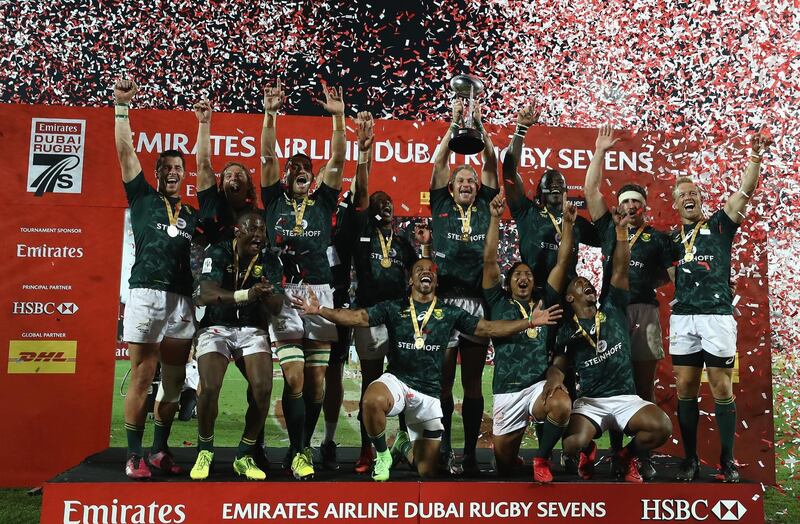 DUBAI, UNITED ARAB EMIRATES - DECEMBER 02:  South Africa celebrates after winning the Emirates Dubai Rugby Sevens - HSBC Sevens World Series at The Sevens Stadium on December 2, 2017 in Dubai, United Arab Emirates.  (Photo by Francois Nel/Getty Images)