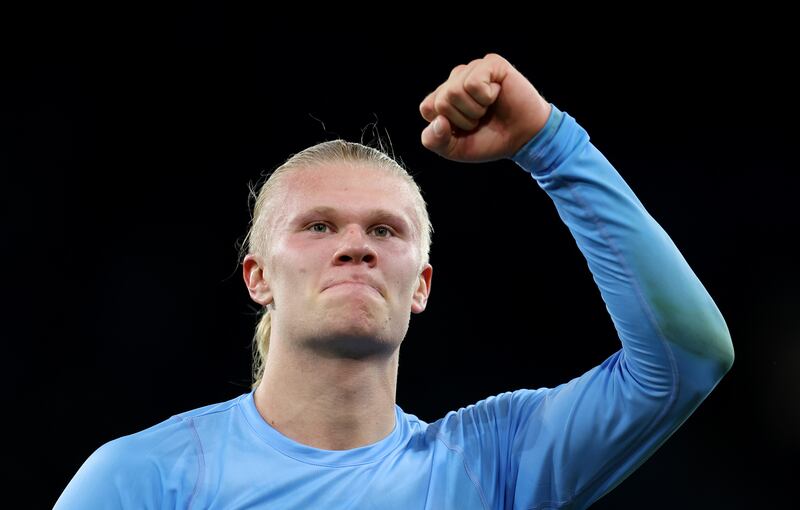 Erling Haaland acknowledges the fans after Manchester City's 2-1 Premier League victory over Fulham at Etihad Stadium on November 5, 2022. Getty