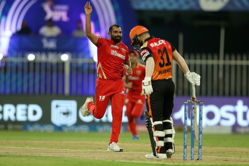 Mohammad Shami of Punjab Kings  celebrates after takes a wicket of David Warner. Sportzpics for IPL