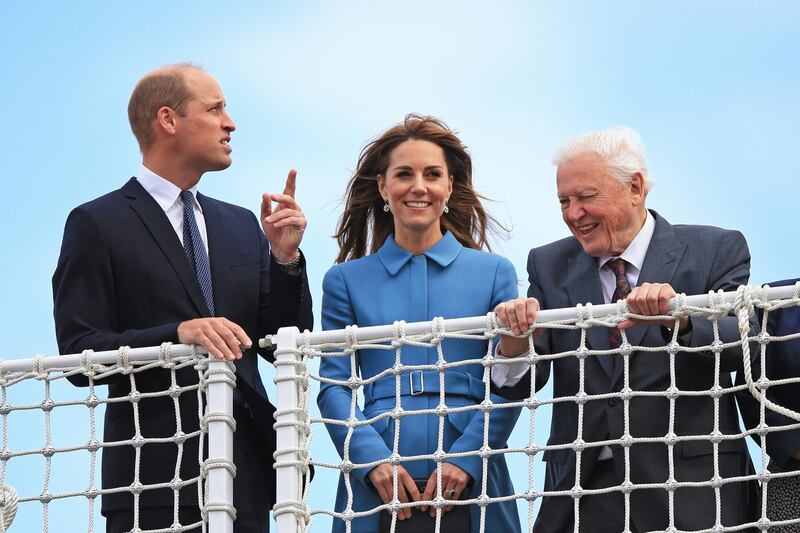 BIRKENHEAD, ENGLAND - SEPTEMBER 26: Prince William, Duke of Cambridge and Catherine, Duchess of Cambridge join Sir David Attenborough as they attend the naming ceremony for the polar research ship the RSS Sir David Attenborough at the Cammell Laird shipyard on September 26, 2019 in Birkenhead, England. (Photo by Peter Byrne-WPA Pool/Getty Images)