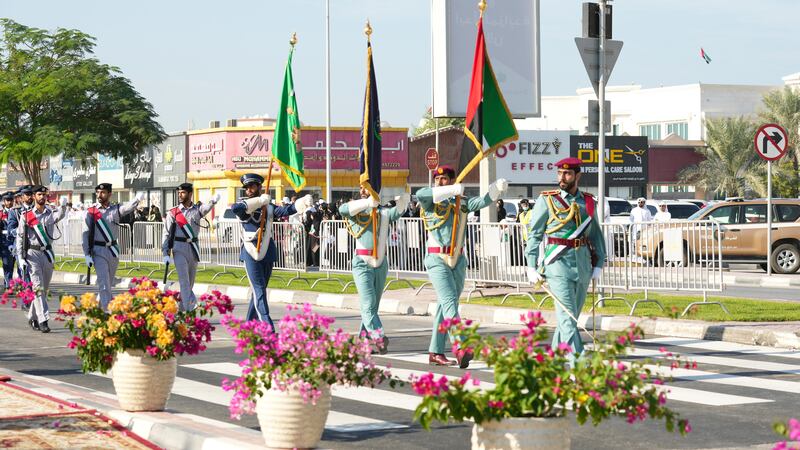 Police participate in National Day celebrations in Ras Al Khaimah. Sheikh Saud bin Saqr Al Qasimi, Ruler of Ras Al Khaimah, and Sheikh Ahmed bin Saud Al Qasimi, Head of the General Services Department in Ras Al Khaimah, attended the event. Wam