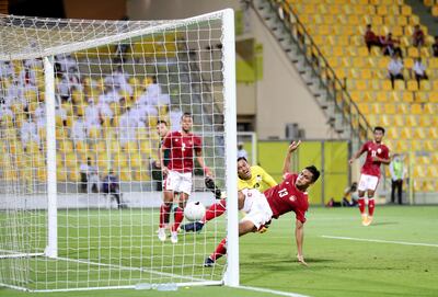UAE's Fabio De Lima scores during the game between the UAE and Indonesia in the World cup qualifiers at the Zabeel Stadium, Dubai on June 11th, 2021. Chris Whiteoak / The National. 
Reporter: John McAuley for Sport