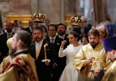 Grand Duke of Russia George Mikhailovich Romanov and Victoria Romanovna Bettarini during their wedding ceremony. EPA