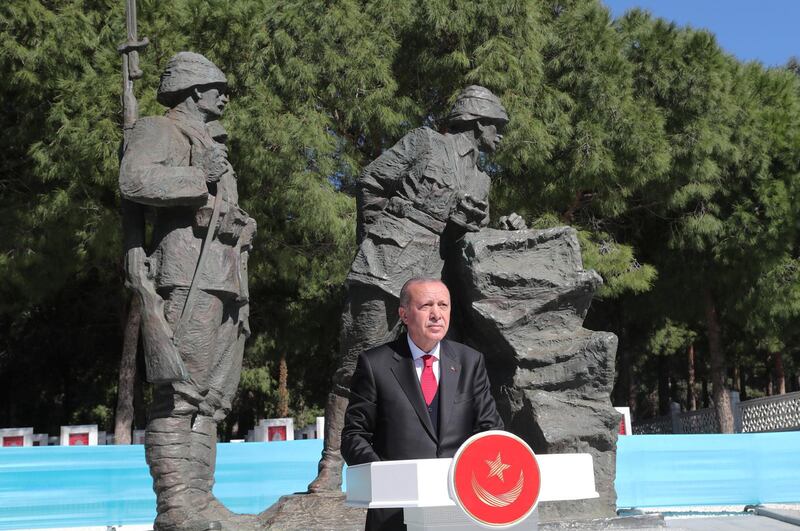 Turkish President Tayyip Erdogan speaks during a ceremony marking the 104th anniversary of Battle of Canakkale, also known as the Gallipoli Campaign,  in Canakkale, Turkey March 18, 2019. Kayhan Ozer/Presidential Press Office/Handout via REUTERS ATTENTION EDITORS - THIS PICTURE WAS PROVIDED BY A THIRD PARTY. NO RESALES. NO ARCHIVE