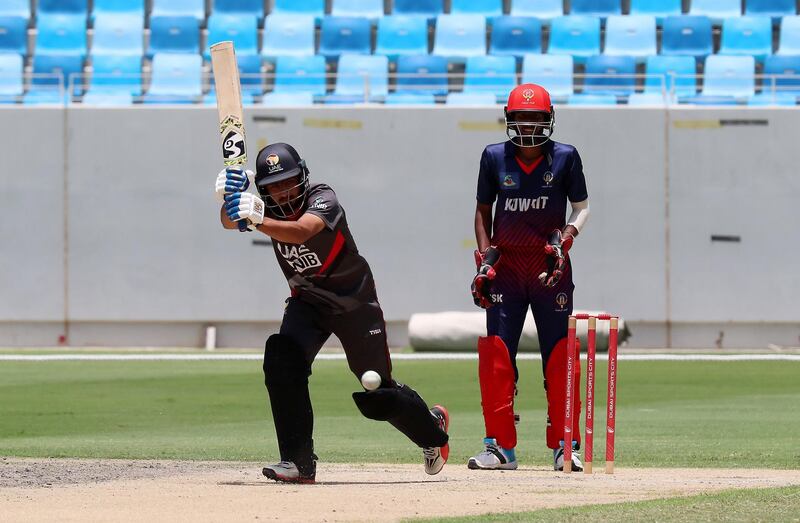 DUBAI,  UNITED ARAB EMIRATES , May 3 – 2019 :- Osama Hassan Shah from UAE playing a shot during the final of ACC Under 19 Western Region cricket match between UAE vs Kuwait held at Dubai International Cricket Stadium in Dubai. ( Pawan Singh / The National ) For News. Story by Paul 
