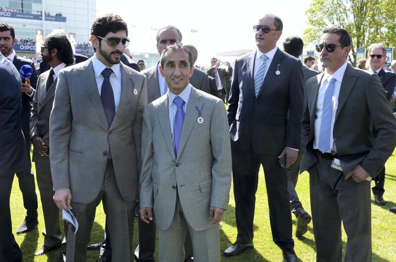 Sheikh Hamdan and Sheikh Saeed bin Maktoum bin Juma, President of the UAE Padel Association Defoe attend the 2000 Guineas Stakes. Wam