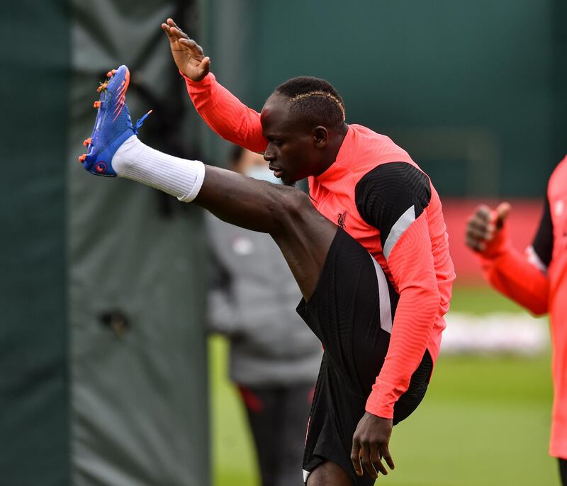 LIVERPOOL, ENGLAND - OCTOBER 20: (THE SUN OUT, THE SUN ON SUNDAY OUT) Sadio Mane of Liverpool during a training session ahead of the UEFA Champions League Group D stage match between Liverpool FC and Ajax Amsterdam at Melwood Training Ground on October 20, 2020 in Liverpool, England. (Photo by Andrew Powell/Liverpool FC via Getty Images)