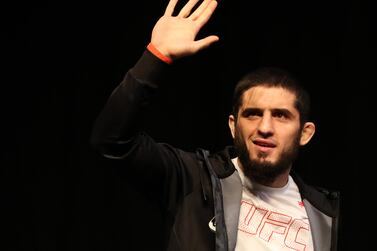 UFC lightweight Islam Makhachev at the ceremonial weigh-in before UFC 267. Etihad Arena, Yas Island, Abu Dhabi