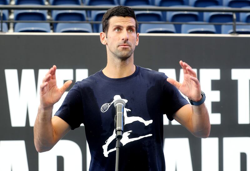 ADELAIDE, AUSTRALIA - DECEMBER 29: Novak Djokovic talks to the media after a practice session ahead of the 2023 Adelaide International at Memorial Drive on December 29, 2022 in Adelaide, Australia. (Photo by Sarah Reed / Getty Images)