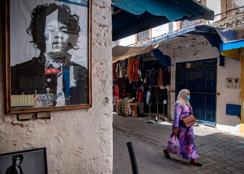 A picture taken in the Moroccan coastal city of Essaouira shows portraits of late US guitarist Jimi Hendrix. AFP