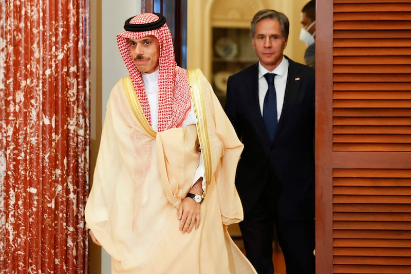 US Secretary of State Antony Blinken and Saudi Arabia's Foreign Affairs Minister, Prince Faisal bin Farhan, before their meeting in Washington. AFP