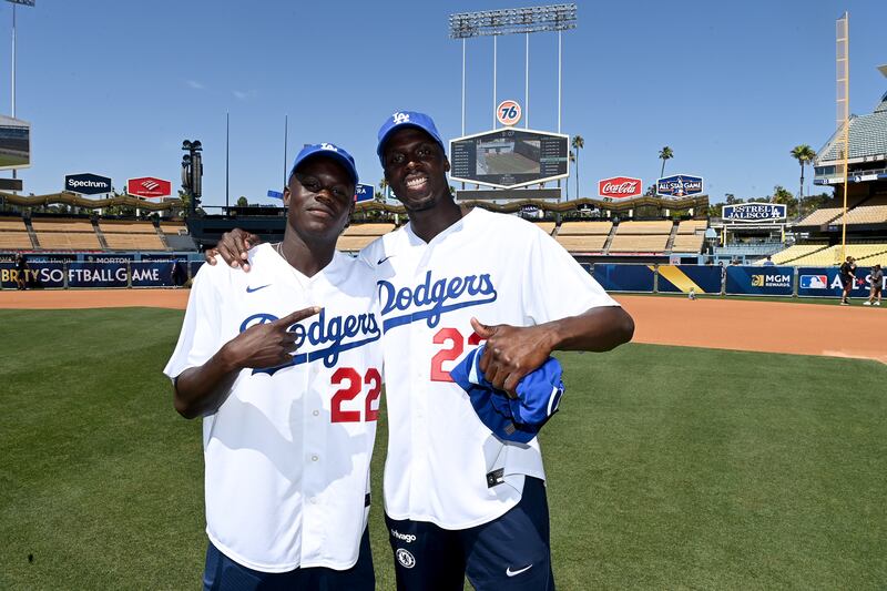 Malang Sarr and Edouard Mendy of Chelsea during a visit to Dodger Stadium in Los Angeles, California. 