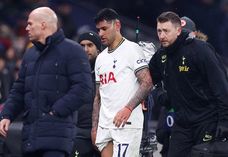 Spurs defender Cristian Romero after being sent-off. Getty