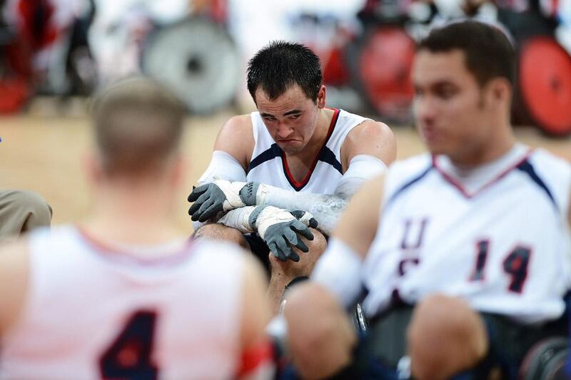 LONDON, ENGLAND - SEPTEMBER 08: Chuck Aoki #5 of the United States reacts after losing the Mixed Wheelchair Rugby - Open semi-final match between the United States and Canada on Day 10 of the London 2012 Paralympic Games at the Basketball Arena in the Olympic Park on September 8, 2012 in London, England. (Photo by Justin Setterfield/Getty Images)