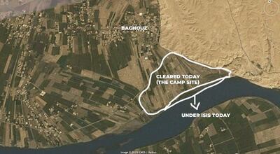 A mocked-up image of what is remaining of ISIS territory in Baghouz, sent by an SDF commander on March 19, 2019. SDF