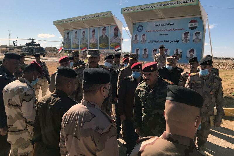 Deputy commander of Iraq's Joint Operations Command, Lieutenant-General Abdul Amir al-Shammari meets Iraqi troops at Al-Qaim, Iraq January 18, 2021. Picture taken January 18, 2021. REUTERS/John Davison