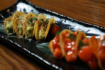 Avocado dry miso tacos and vegetable hot miso tacos from Nobu Dubai's menu at the Abu Dhabi Formula One. Ruel Pableo for The National