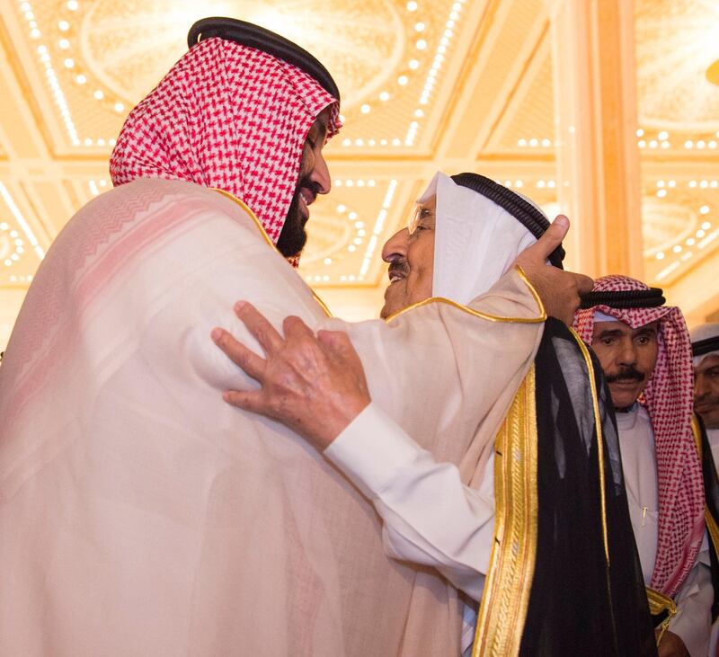 Kuwaiti Emir Sheikh Sabah Al Ahmad Al Jaber Al Sabah greets the Saudi Crown Prince Mohammed bin Salman in Kuwait City. Saudi Royal Court / Reuters