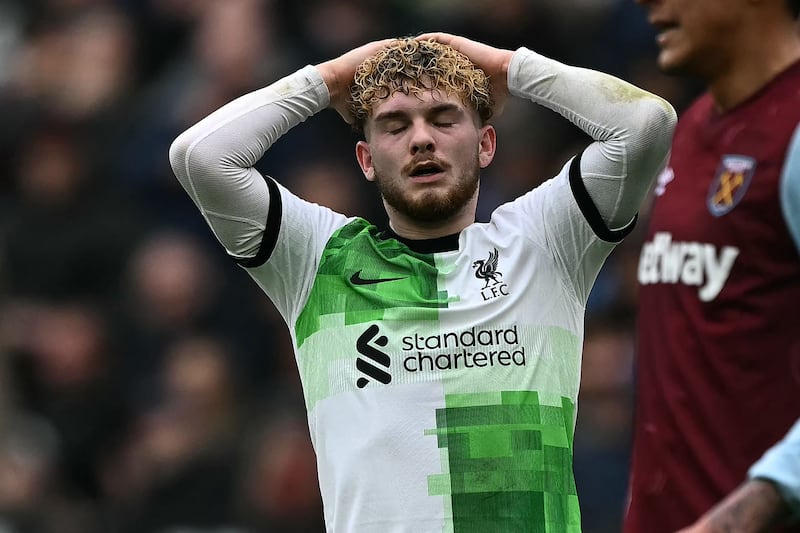 Harvey Elliott reacts with frustration after hitting the bar. AFP