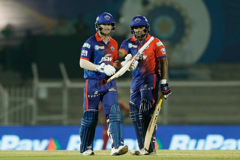 David Warner of Delhi Capitals celebrates his fifty against Punjab Kings at the Brabourne Stadium in Mumbai on Wednesday, April 20, 2022. Sportzpics for IPL