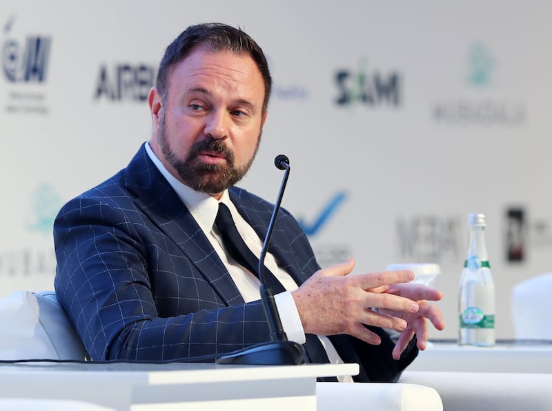Con Korfiatis, chief executive of Saudi Arabia's low-cost airline Flyadeal, speaks on a panel at the Global Aerospace Summit in Abu Dhabi.  Chris Whiteoak / The National