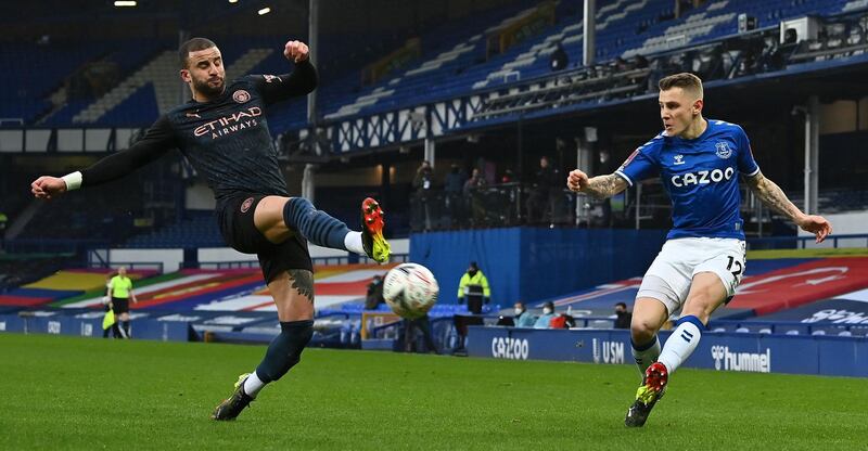 Manchester City defender Kyle Walker blocks a cross from Everton's Lucas Digne during the FA Cup quarter-final match at Goodison Park on March 20. AFP