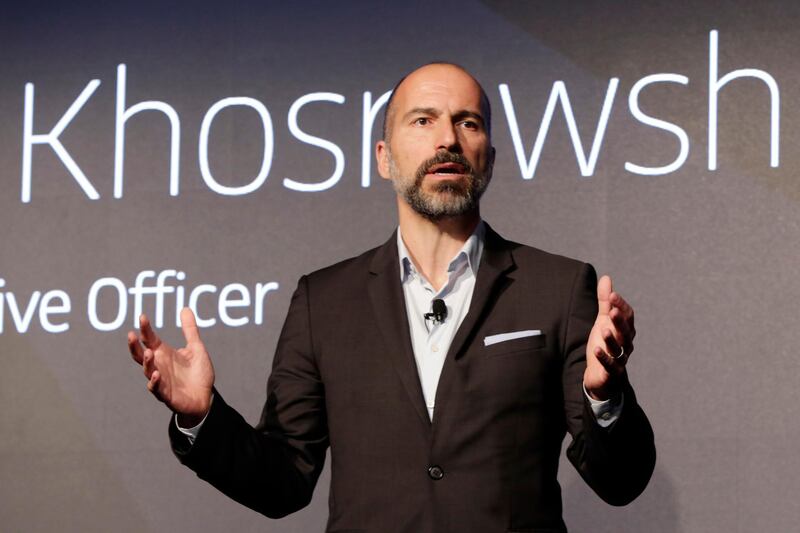 Uber CEO Dara Khosrowshahi speaks during the company's unveiling of the new features, in New York, Wednesday, Sept. 5, 2018. Uber is aiming to boost driver and passenger safety in an effort to rebuild trust in the brand.(AP Photo/Richard Drew)