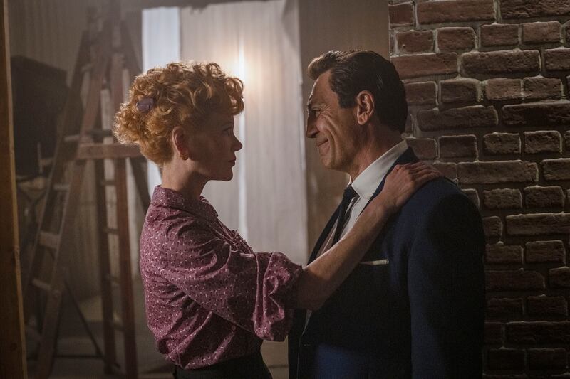 Nicole Kidman as Lucille Ball, left, and Javier Bardem as Desi Arnaz in a scene from 'Being the Ricardos', which is up for three awards. Amazon via AP