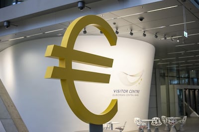 A euro currency symbol sits on display in the visitor centre at the European Central Bank (ECB) building in Frankfurt, Germany, on Monday, Nov. 4, 2019.  The ECB started a new era on Friday when Christine Lagarde became the institution's first female president -- and for now its sole female policy maker. Photographer: Alex Kraus/Bloomberg
