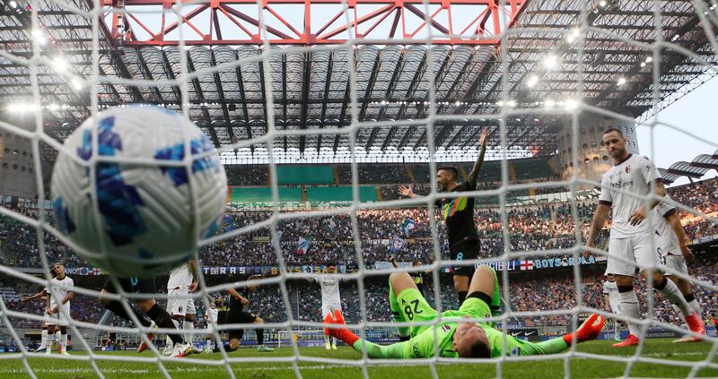 Inter Milan's Nicolo Barella's shot hits the back of the net against Bologna in the Serie A game at the San Siro  on Saturday, September 18. Reuters