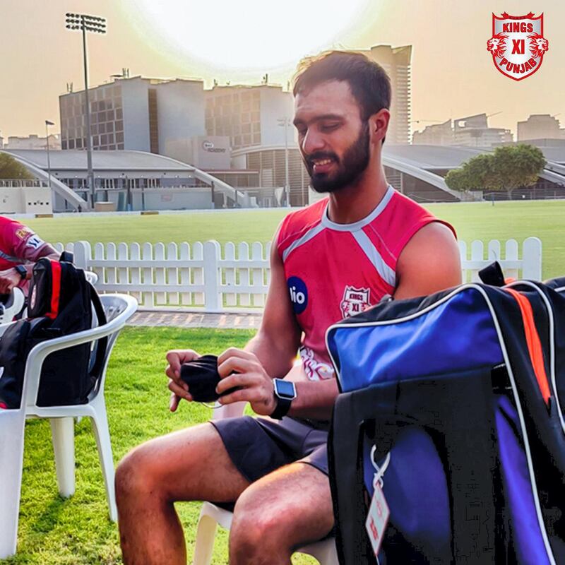 Mandeep Singh prepares for his first training session in Dubai. Courtesy Kings XI Punjab twitter / @lionsdenkxip 