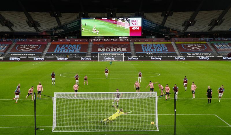 Declan Rice scores West Ham United's first goal from the penalty spot during their 3-0 Premier League win over Sheffield United at the London Stadium on Monday, February 15. Reuters