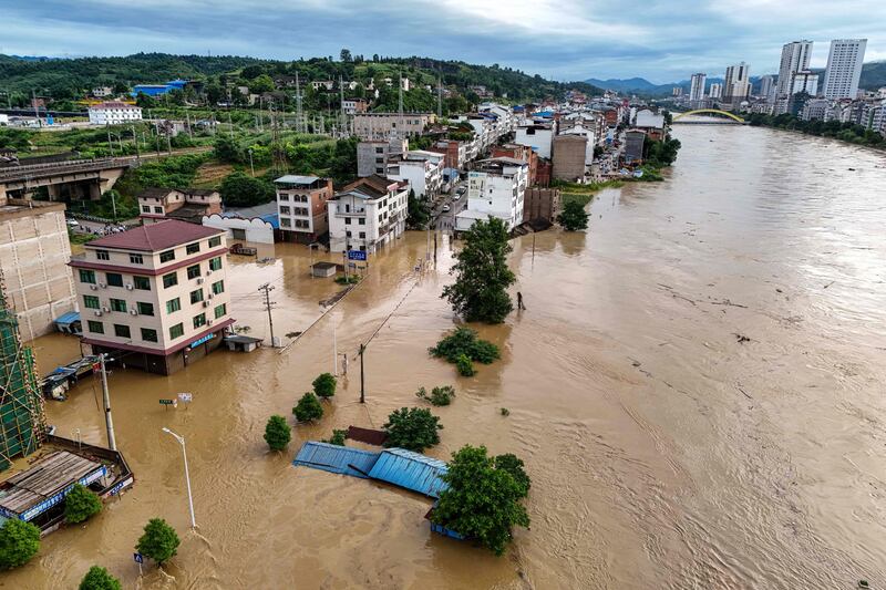 Floodwater in Qiandongnan, in China's south-west Guizhou province. AFP