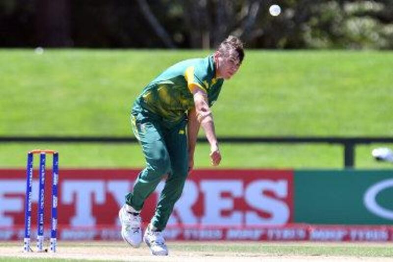 CHRISTCHURCH, NEW ZEALAND - JANUARY 24: Gerald Coetzee of South Africa bowls during the ICC U19 Cricket World Cup match between Pakistan and South Africa at Hagley Oval on January 24, 2018 in Christchurch, New Zealand. (Photo by Kai Schwoerer-ICC/ICC via Getty Images)