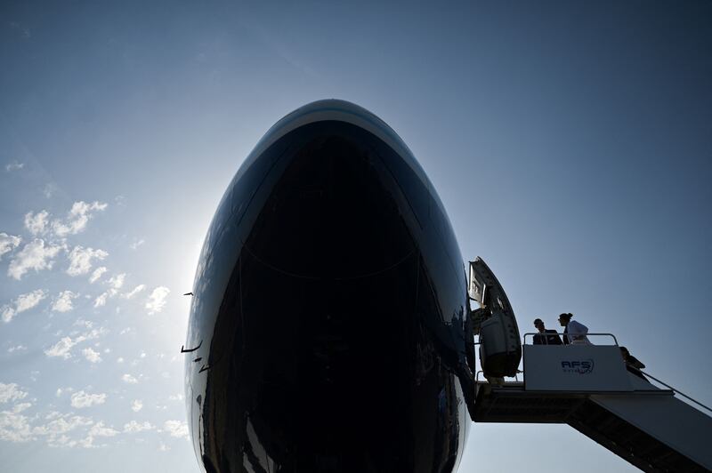 Visitors board a Boeing 777X. Deals worth £161 billion ($192bn) were agreed the last time Farnborough was held, organisers said. AFP