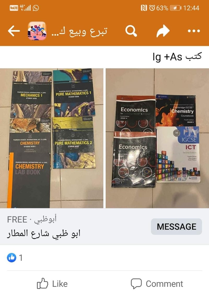 A Facebook page where parents from across the UAE post with details of books they can give to junior classes, and others post requests for books. Photo: Facebook