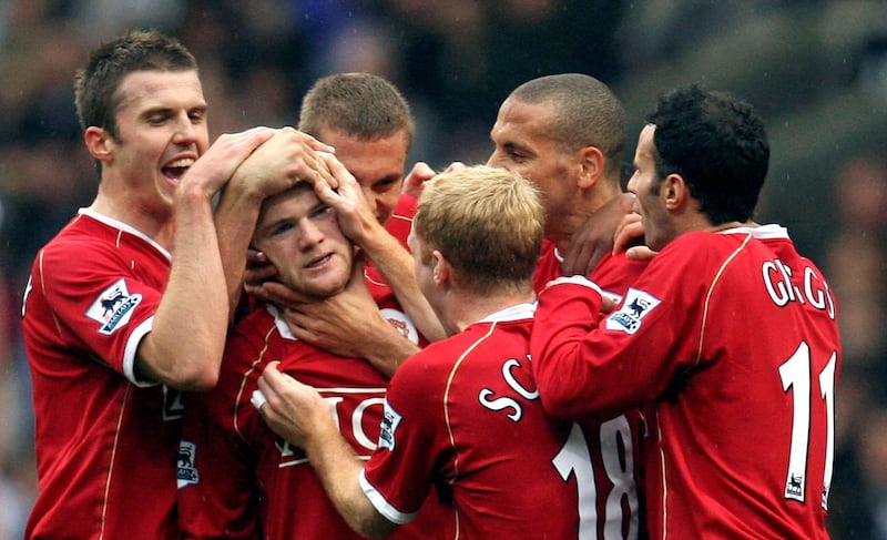 Manchester United's Wayne Rooney celebrates with teammates after scoring his team's second goal against Bolton Wanderers at The Reebok Stadium on October 28, 2006. Action Images
