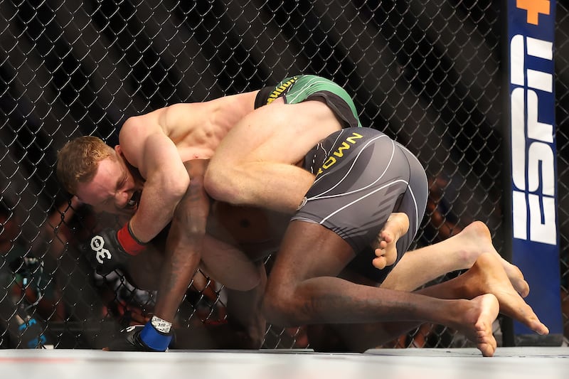 Jack Della Maddalena secures a choke submission against Randy Brown. Getty