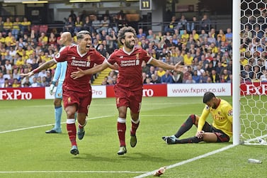 WATFORD, ENGLAND - AUGUST 12: (THE SUN OUT, THE SUN ON SUNDAY OUT) Mohamed Salah of Liverpool Celebrates after scoring liverpools third during the Premier League match between Watford and Liverpool at Vicarage Road on August 12, 2017 in Watford, England. (Photo by John Powell/Liverpool FC via Getty Images)
