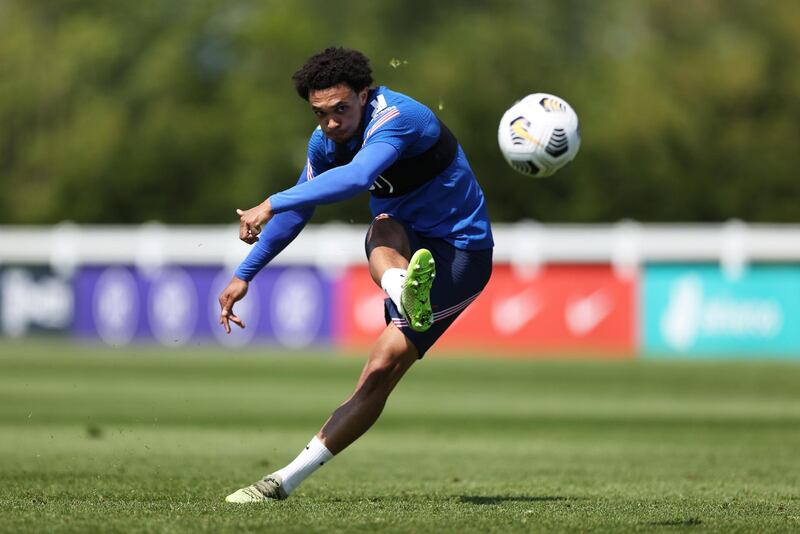 MIDDLESBROUGH, ENGLAND - JUNE 01: Trent Alexander-Arnold of England takes a free-kick during a training session at an England Pre-Euro 2020 Training Camp on June 01, 2021 in Middlesbrough, England. (Photo by Eddie Keogh - The FA/The FA via Getty Images)
