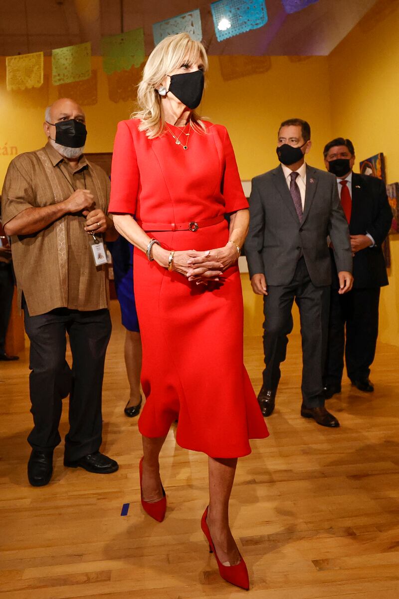 Jill Biden, in head-to-toe red, visits the National Museum of Mexican Art in Chicago, Illinois on October 12, 2021. AFP