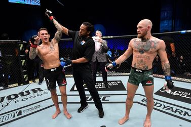 Jan 23, 2021; Abu Dhabi, United Arab Emirates; Dustin Poirier reacts after his knockout victory over Conor McGregor of Ireland in a lightweight fight during the UFC 257 event inside Etihad Arena on UFC Fight Island. Mandatory Credit: Jeff Bottari/Handout Photo via USA TODAY Sports