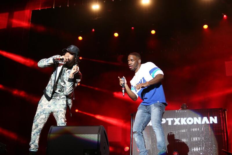 Krept & Konan entertain the crowd with some old school rap at Beats on the Beach. Navin Khianey for The National
