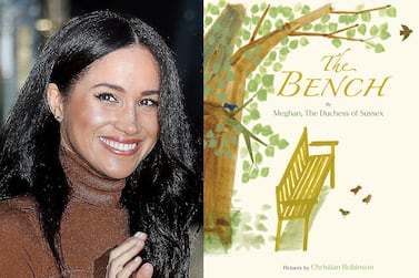 This combination photo shows the Duchess of Sussex and cover art for her upcoming children's book 'The Bench', illustrated by Christian Robinson. AP