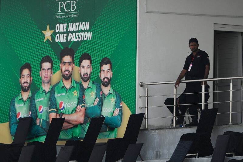 A policeman stands guard at the Rawalpindi Cricket Stadium after New Zealand abandoned the Pakistan tour. AFP