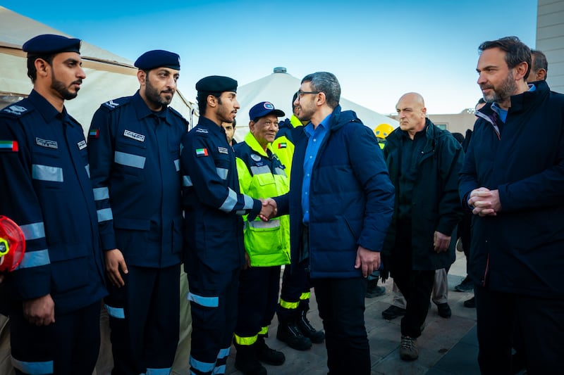 Sheikh Abdullah talks to members of the UAE search and rescue team in Turkey. Wam
