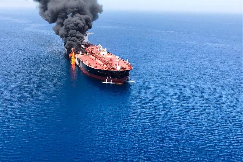 epa07645394 The crude oil tanker Front Altair on fire in the Gulf of Oman, 13 June 2019. According to the Norwegian Maritime Authority, the Front Altair is currently on fire in the Gulf of Oman after allegedly being attacked and in the early morning of 13 June between the UAE and Iran.  EPA/STRINGER