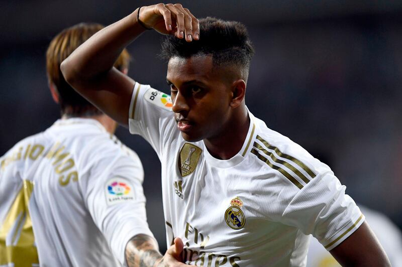 Real Madrid's Brazilian forward Rodrygo celebrates his goal. AFP